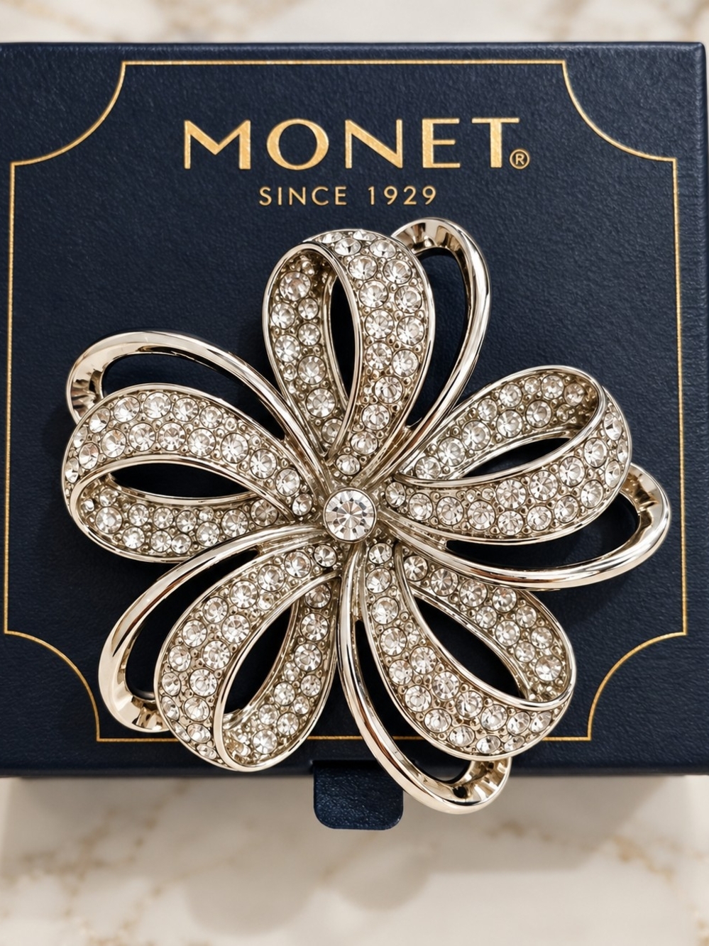 Vintage Monet Rhinestone Floral Brooch – Original Card